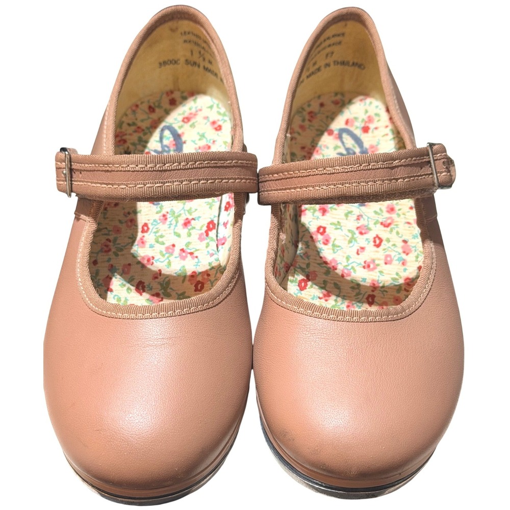 Capezio Tap Shoes Girls 1.5 M Caramel Leather Mary Jane 3800C Tele Tone Floral